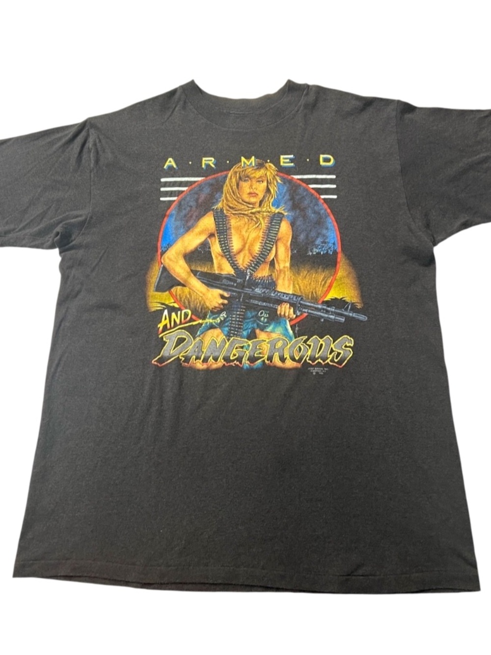 Vintage 1990 3D Emblem Just Brass Inc. Armed And Dangerous Hot Chick T Shirt XL